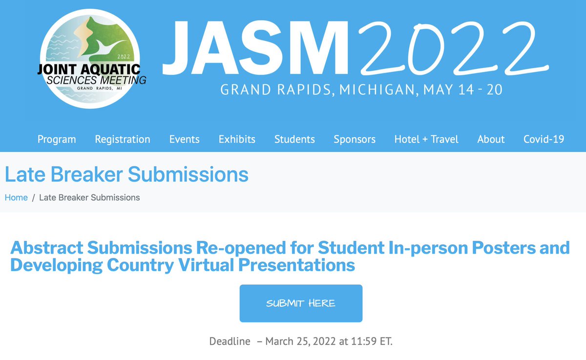 Freshwater Science (@benthosnews) on Twitter photo Abstract submissions for #JASM22 have re-opened for student in-person posters & developing country virtual presentations. The submission window closes on March 25 at 11:59pm ET. jasm2022.aquaticsocieties.org/late-breaker-s… Abstract submissions for #JASM22 have re-opened for student in-person posters & developing country virtual presentations. The submission window closes on March 25 at 11:59pm ET. jasm2022.aquaticsocieties.org/late-breaker-s…