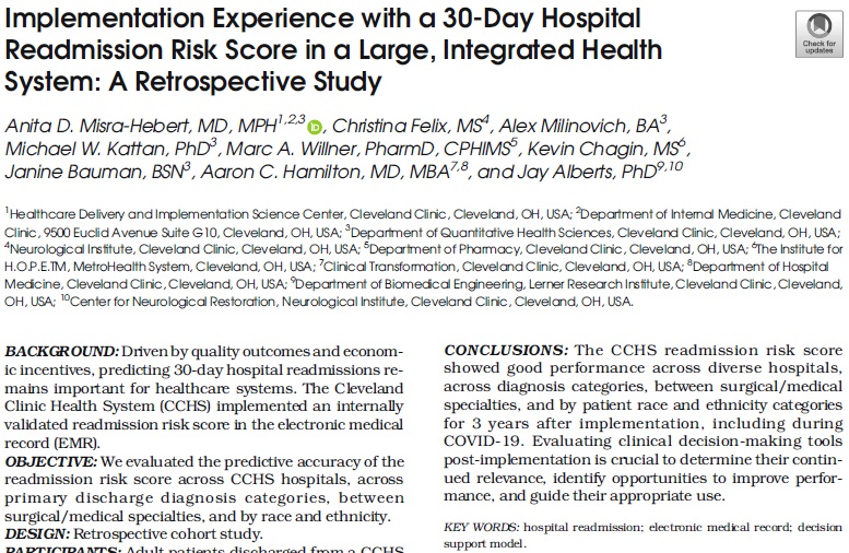 <a href="/ClevelandClinic/">Cleveland Clinic</a> #readmission risk score shows good performance across diverse hospitals, diagnosis categories, surgical/medical specialties, &amp; pt race &amp; ethnicity categories for 3 years after implementation, including during #COVID19. <a href="/AMisraHebert/">Anita Misra-Hebert</a> <a href="/CCLRI/">Cleveland Clinic Lerner Research Institute</a> link.springer.com/article/10.100…