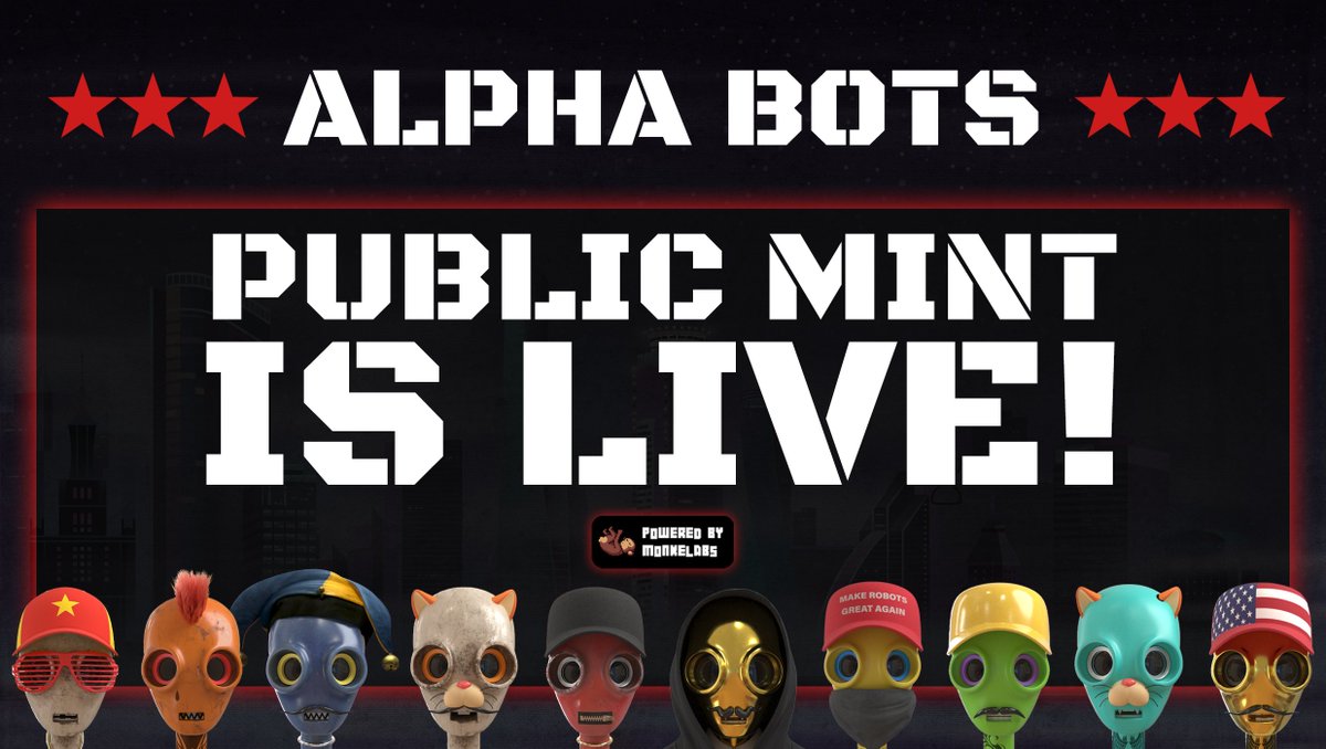 AlphabotsNFT's tweet image. 🚨 Public mint is live on @monkelabs 👉alpha-bots.monkelabs.io 🚨

We&apos;re here and we&apos;re ready for you #Solana , let&apos;s do this! 🚀🤖

#SolanaNFTs #SolNFT #SOLnfts