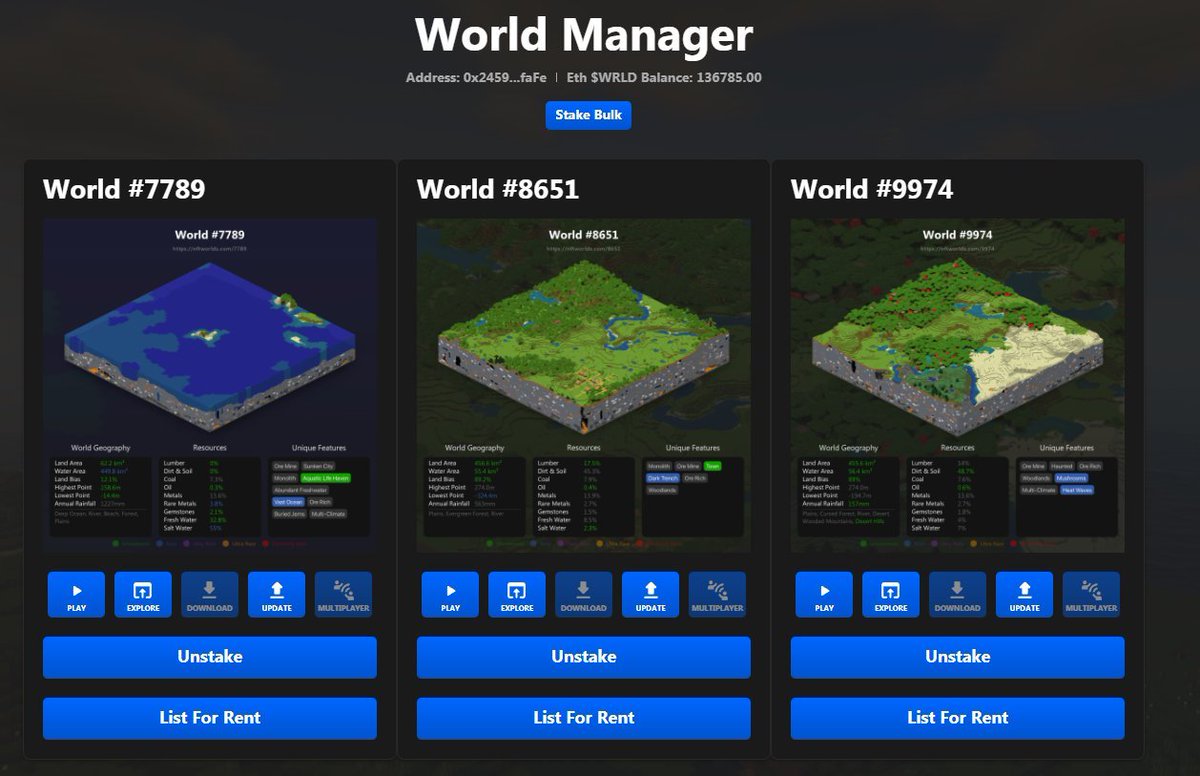 hytopia's tweet photo. Staking is live!

If you own an NFT World, you can head over to https://t.co/NG57OOR0uH and stake your NFT World to earn $WRLD! 

Staked worlds can also be listed for rent for others to use &amp; build on in the NFT Worlds ecosystem!

Almost 2,000 NFT Worlds already staked! https://t.co/ro5WQYbb0o