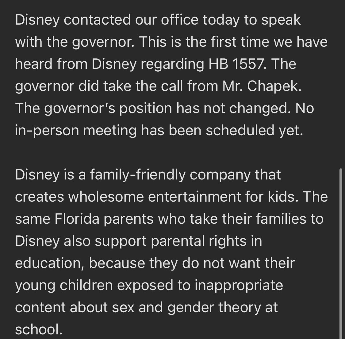 ChristinaPushaw's tweet photo. Statement from @GovRonDeSantis Office about today’s call from Disney regarding Florida’s parental rights in education bill: https://t.co/gN0ZdZpeKj