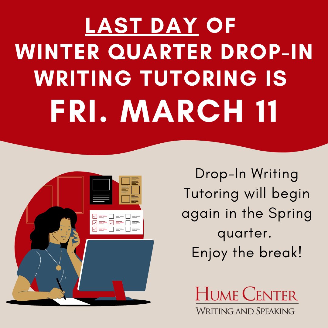 humecenter's tweet photo. The last day of drop-in writing tutoring for the Winter Quarter is THIS FRIDAY, March 11. We'll be back in the Spring quarter! Best of luck with finals and enjoy the break! https://t.co/fKzfMQv9jj