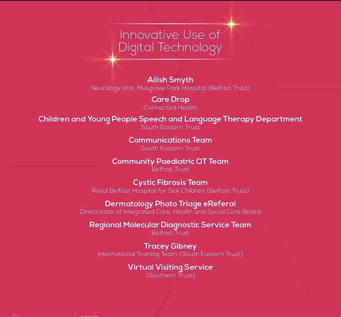 Delighted that the South Eastern Trust’s Communications Team is one the finalists in the Northern Ireland Health and Social Care Awards, along with our Speech and Language colleagues and International Training Team🌟We are all in excellent company 👇Good luck everyone! 🤞