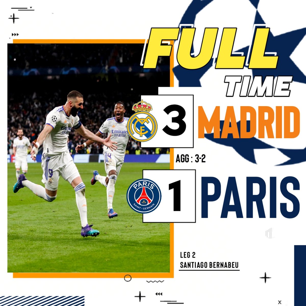Madrid_Indo's tweet photo. 🏁 Full Time : @realmadrid 3-1 @PSG_espanol (Agg : 3-2)
⚽ @Benzema 61', 76', 78'; Mbappé 39'
#Emirates | #UCL 
#HalaMadrid #RealMadrid https://t.co/7F90tFvT8U