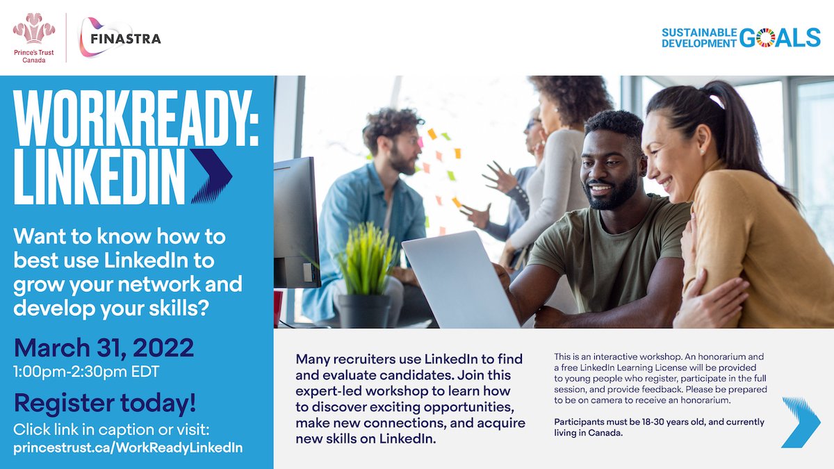 KingsTrustCA's tweet photo. This WorkReady workshop will help you gain the skills needed to take advantage of both the networking and skillbuilding opporunities on LinkedIn.
March 31 at 1:00pm
Reigster here: https://t.co/Q5ycrjdy0B
#PrincesTrustCanada #LinkedInLearning #HeartPlusSmart #LifeAtFinastra https://t.co/5oTZbPhe7v
