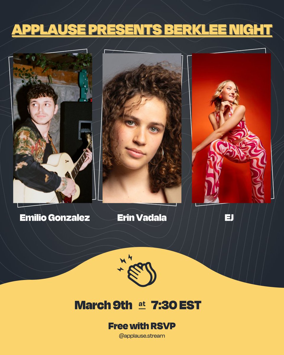 Applause_us's tweet photo. First is BERKLEE NIGHT featuring Emilio Gonzalez, Erin Vadala, and EJ hosted by the one and only Alex Maes. 

⏰ 4:30 PM PST / 7:30PM EST 
https://t.co/G2A1WytYwt

🧵 2/3 https://t.co/SSpGiJeADR
