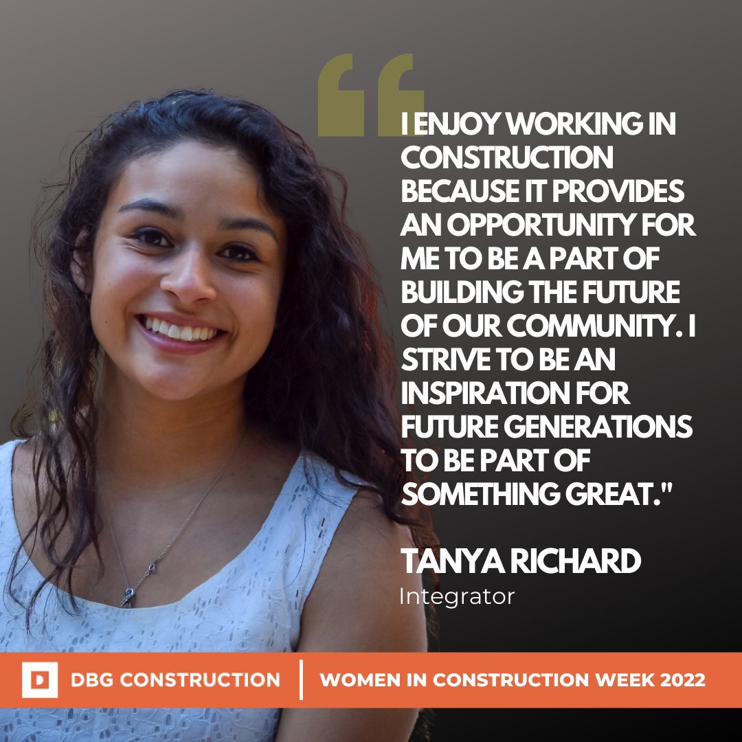 DBGConstruction's tweet photo. Today we recognize Tanya Richard for our Women in Construction spotlight. Tanya has been with DBG for seven years and serves as our liaison between preconstruction and operations. #wicweek2022 #womeninconstruction https://t.co/nUk81vjXp3