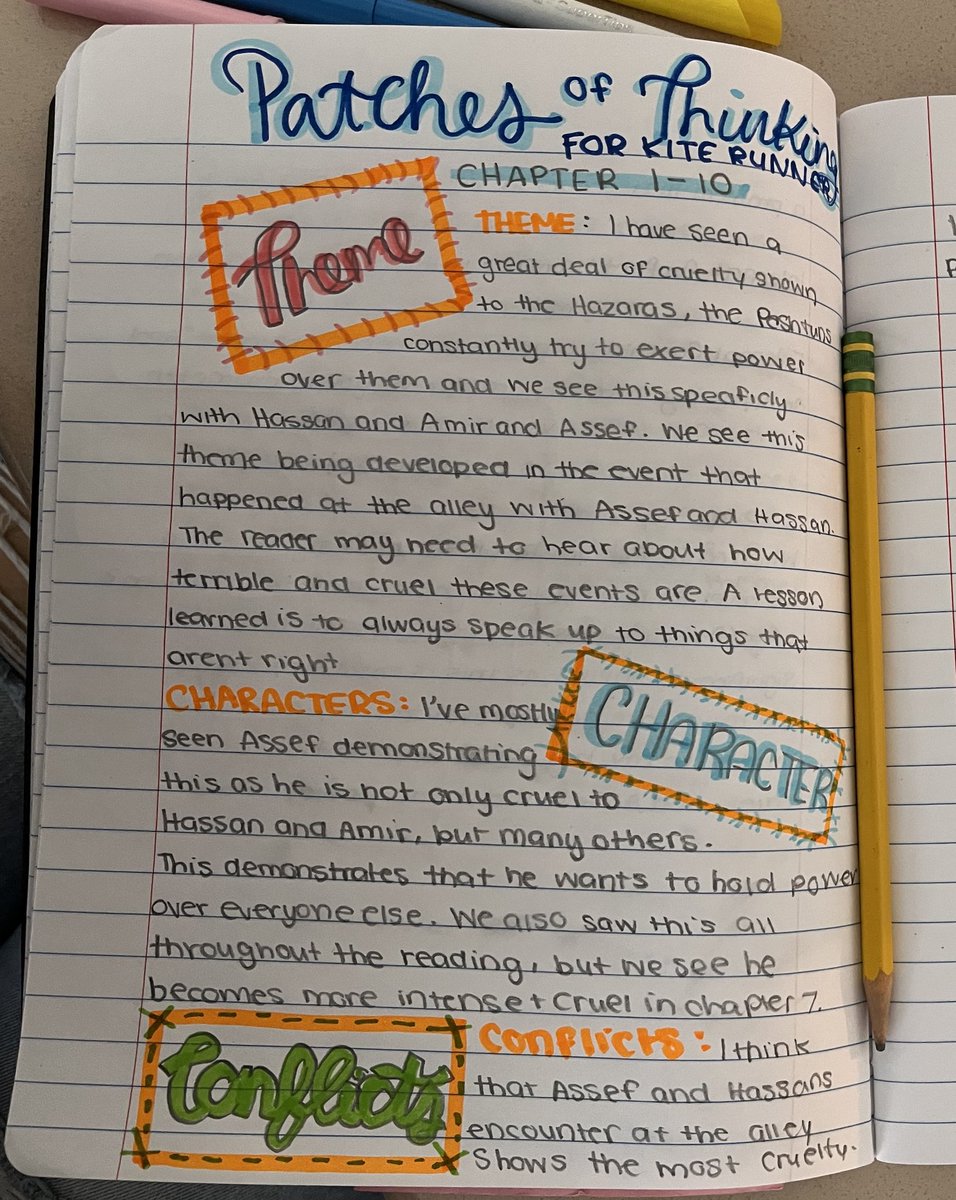 SchoolofMrsFish's tweet photo. Tried a new Reader’s Notebook Strategy with English 11 today: Patches of Thinking. Students took their initial reading jots and expanded their thinking on three patches — theme, character, and conflict — in The Kite Runner. https://t.co/Rud99U3p64