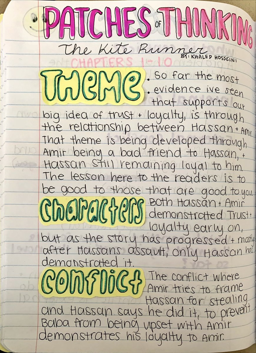 SchoolofMrsFish's tweet photo. Tried a new Reader’s Notebook Strategy with English 11 today: Patches of Thinking. Students took their initial reading jots and expanded their thinking on three patches — theme, character, and conflict — in The Kite Runner. https://t.co/Rud99U3p64