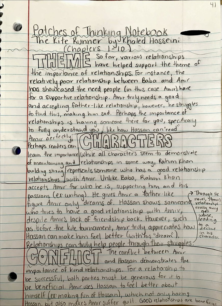 SchoolofMrsFish's tweet photo. Tried a new Reader’s Notebook Strategy with English 11 today: Patches of Thinking. Students took their initial reading jots and expanded their thinking on three patches — theme, character, and conflict — in The Kite Runner. https://t.co/Rud99U3p64