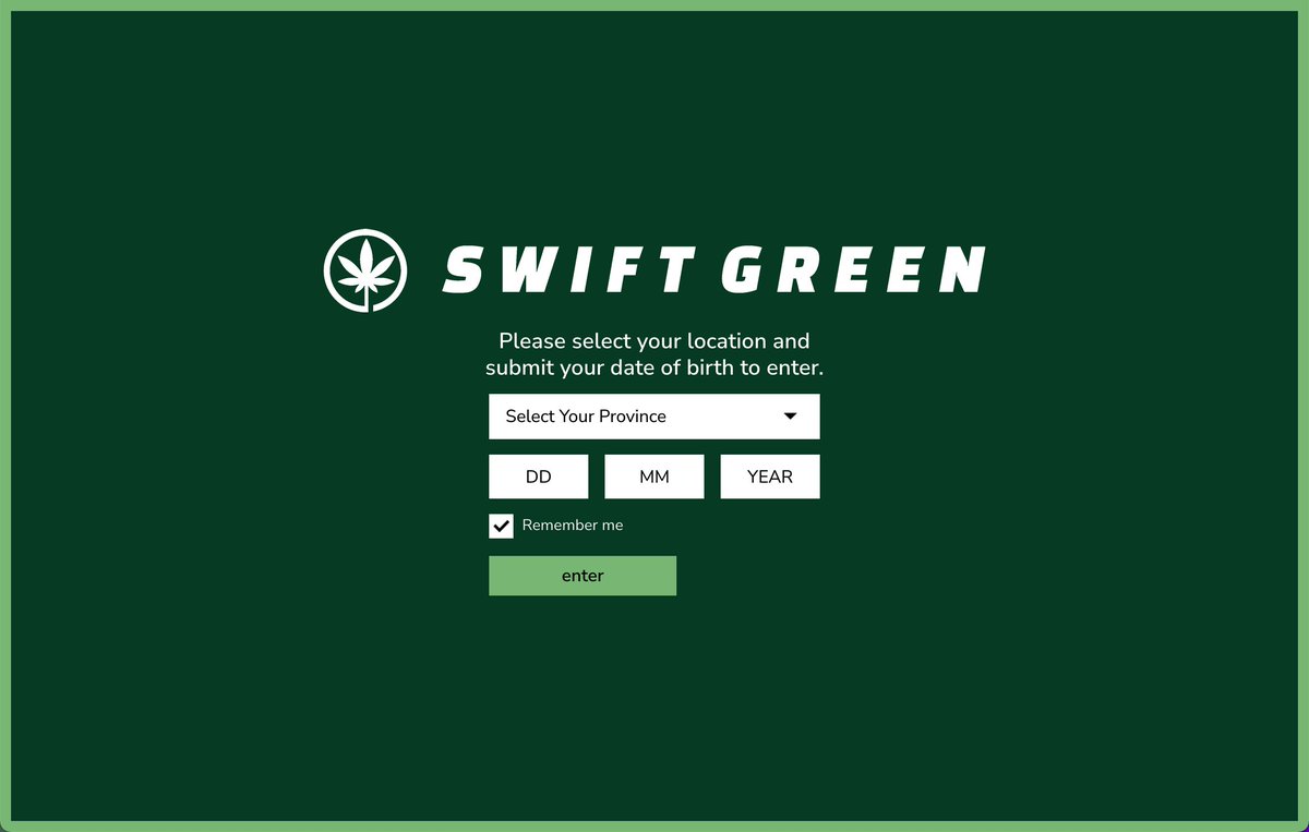 Check out this custom AgeVerify instance we built for @SwiftGreenco featuring a location selector that dynamically changes the age requirement based on the site visitors location. #WordPress #marijuana #cannabis #canada 🇨🇦 #canadacannabis #swiftgreen #ageverify #ageverification