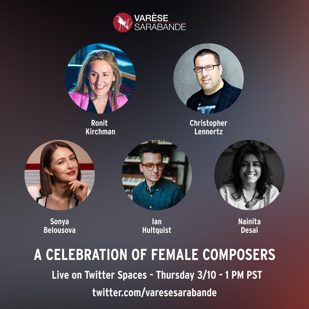 Varèse Sarabande Records (@varesesarabande) on Twitter photo We're very excited to host a Celebration of Female Composers Twitter Spaces talk with our friends at <a href="/whitebearpr/">White Bear PR</a> tomorrow, 3/10 @ 1pm PT!
Featuring a panel of great composers like <a href="/RonitTweets/">Ronit Kirchman</a>, @CLennertz, <a href="/SonyaBelousova/">Sonya Belousova</a>, <a href="/ihultquist/">Ian Hultquist™</a>, & <a href="/nainitadesai/">Nainita Desai</a>! We're very excited to host a Celebration of Female Composers Twitter Spaces talk with our friends at <a href="/whitebearpr/">White Bear PR</a> tomorrow, 3/10 @ 1pm PT!
Featuring a panel of great composers like <a href="/RonitTweets/">Ronit Kirchman</a>, @CLennertz, <a href="/SonyaBelousova/">Sonya Belousova</a>, <a href="/ihultquist/">Ian Hultquist™</a>, & <a href="/nainitadesai/">Nainita Desai</a>!