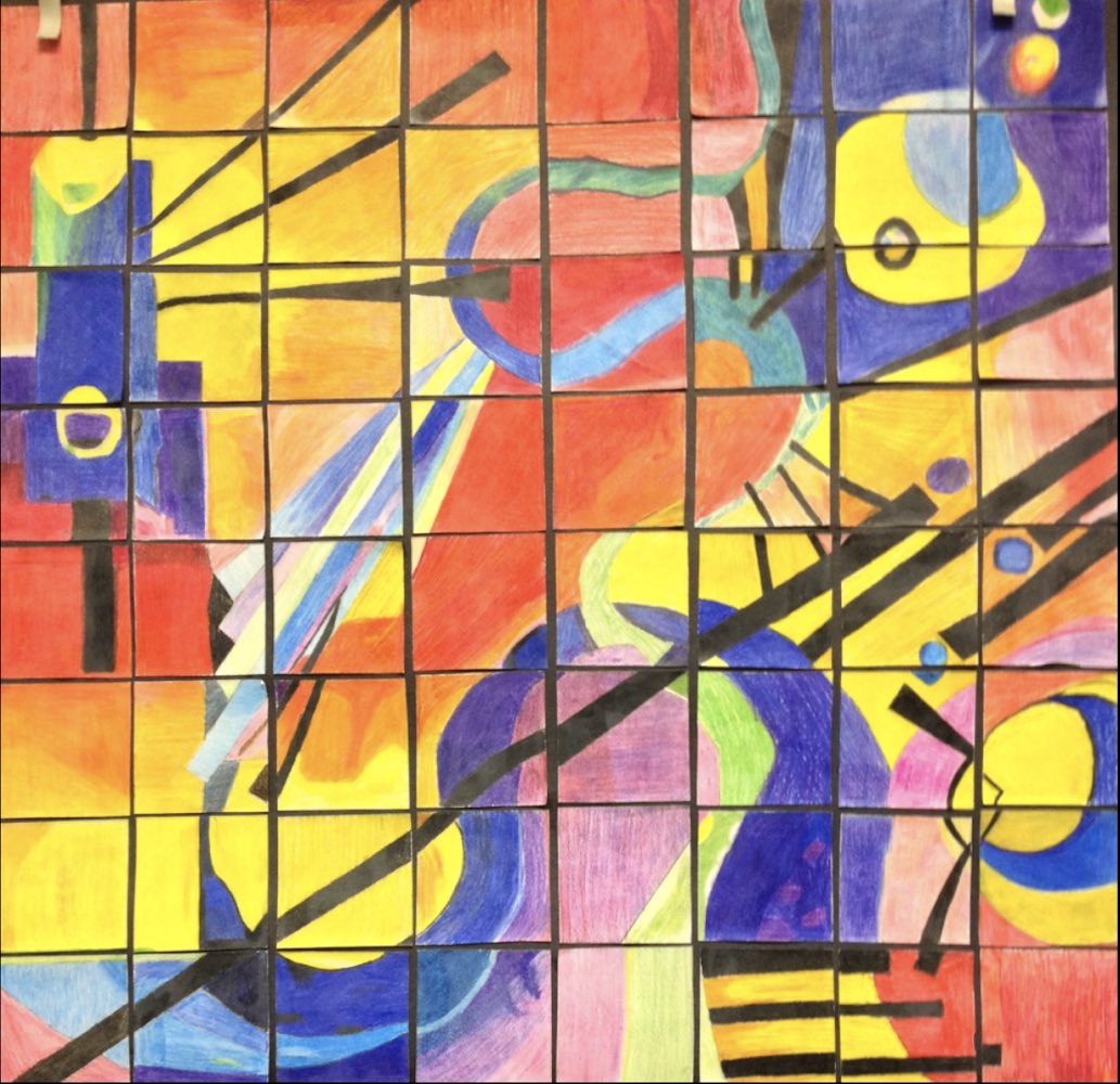 artfullearning's tweet photo. How does #ArtfulLearning work with math? The possibilities are immeasurable when exploring the standards that need coverage in the school year. Students used #GridDrawing to replicate this #abstract painting inspired by #Kandinsky from 4 Geometry classes over 3 days. #beyondSTEAM https://t.co/ST0E207FFq