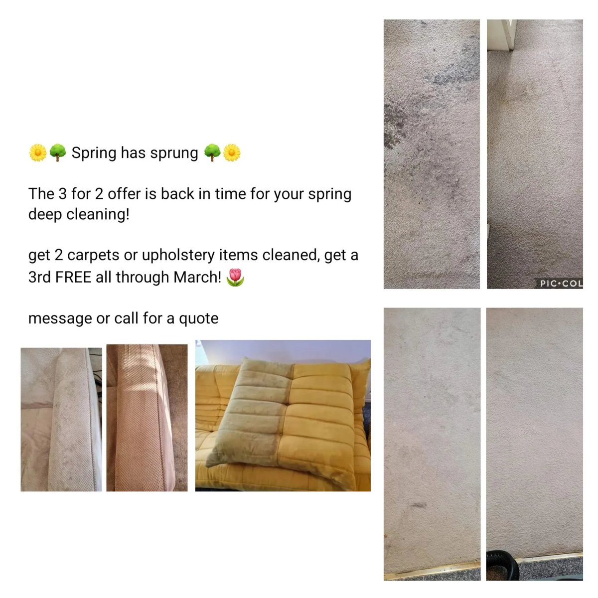 CleaningHydro's tweet photo. 🌼🌳 Spring has sprung 🌳🌼

The 3 for 2 offer is back in time for your spring deep cleaning!

Get 2 carpets or upholstery items cleaned, get a 3rd FREE all through March! 🌷

Message @CleaningHydro or call 07871 782754 for a quote 😀 https://t.co/rd154RanVZ