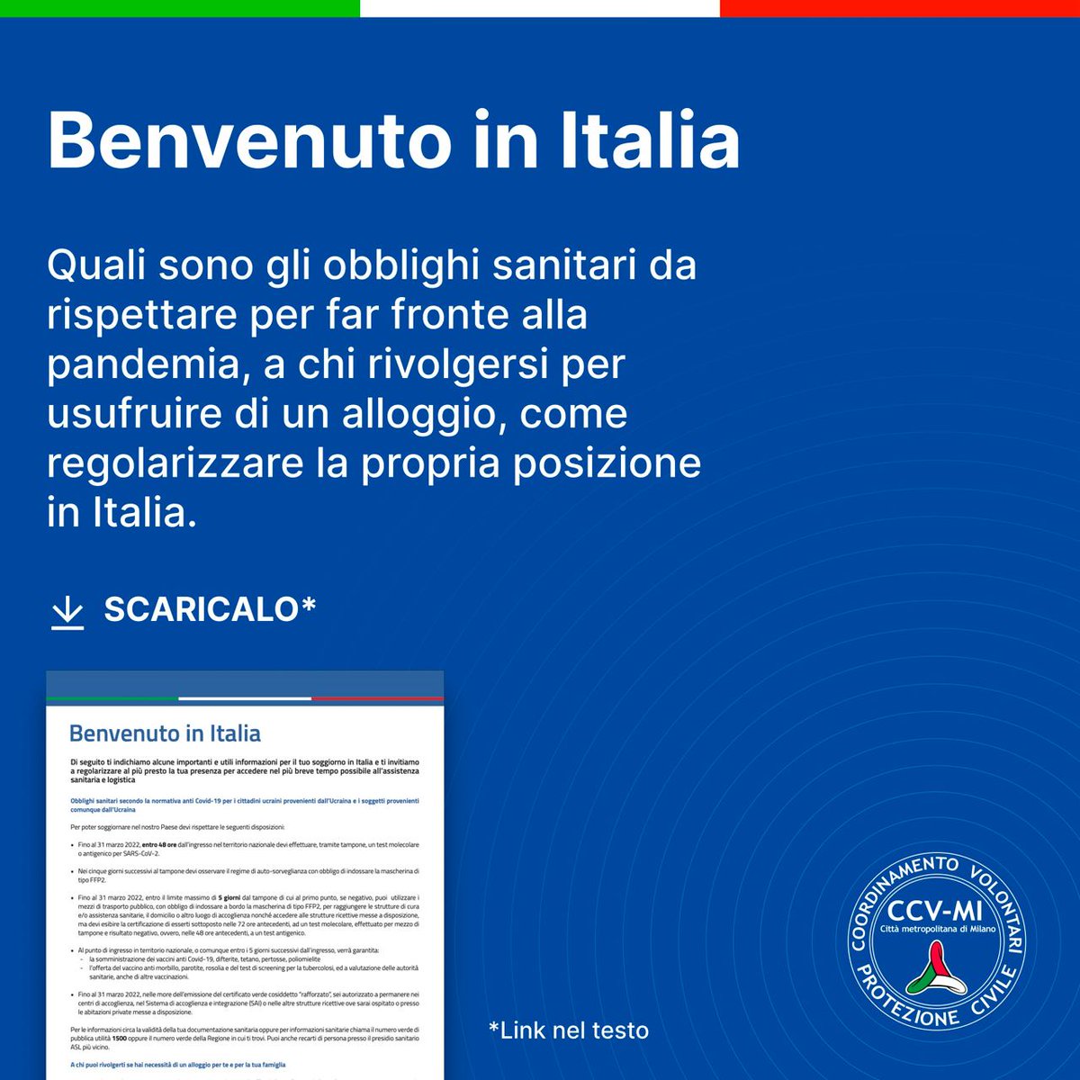ccv_mi's tweet photo. 🇮🇹🤝🇺🇦 Il Dipartimento di Protezione Civile e il Ministero dell'Interno, hanno realizzato un documento che illustra i passaggi necessari per i cittadini ucraini in arrivo nel nostro paese. Il documento è scaricabile in diverse lingue a questo link: https://t.co/vmpRoMcS8C https://t.co/qq7RuNRarw
