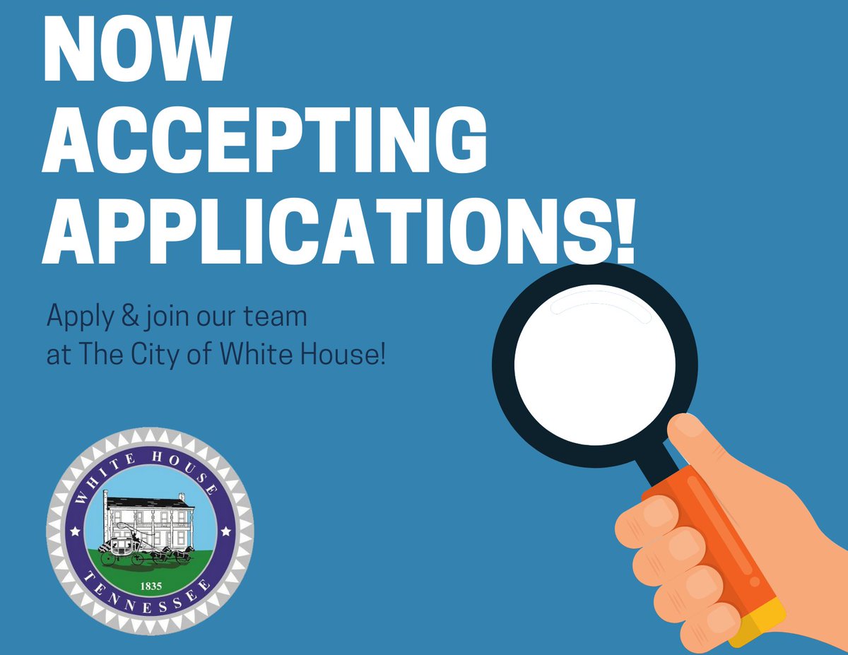 WhiteHouseTN's tweet photo. The City of White House is currently accepting applications for the following positions:

Stormwater Manager
$54,318.37-$64,567.48 annually

Library Supervisor
$42,057.60-$50,003.20 annually

Public Works Crew Leader
$42,057.60-$50,003.20 annually

cont. https://t.co/rnoIpYOAED