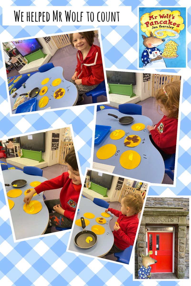 TerraceRoad's tweet photo. What a surprise we had when we saw Mr Wolf had come to school! He needed our help. This week we have helped him to read, write a list, make pancakes, eat pancakes (mmm!) and count… we counted the toppings to go on the pancakes 🥞 #TRPjellyfish #TRPmaths @JanFearnley https://t.co/bbvzEP4arQ