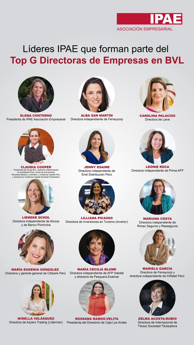 Saludamos a las 👩‍💼 integrantes de nuestro Directorio, comités y comunidades de IPAE por su reconocimiento en el Top G Directoras de Empresas en BVL de la revista G de <a href="/Gestionpe/">Diario Gestión</a>, conformada por ejecutivas y empresarias que lideran las organizaciones más importantes del país. 🇵🇪