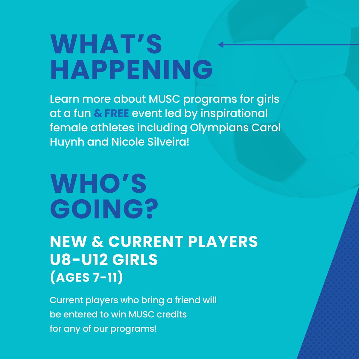 musctd's tweet photo. Join us Monday, Mar 14 at the Girls in Soccer event with #Olympians Carol Huynh and Nicole Silveira, AND 2021 ACA Woman of Distinction winner Jessica Whyte. 5:30 pm @AccFieldhouse in SE #YYC #Free for everyone interested in U8-U12 girls #soccer. RSVP to jawhyte@mckenzieunited.ca! https://t.co/A9DgDTJ4ki