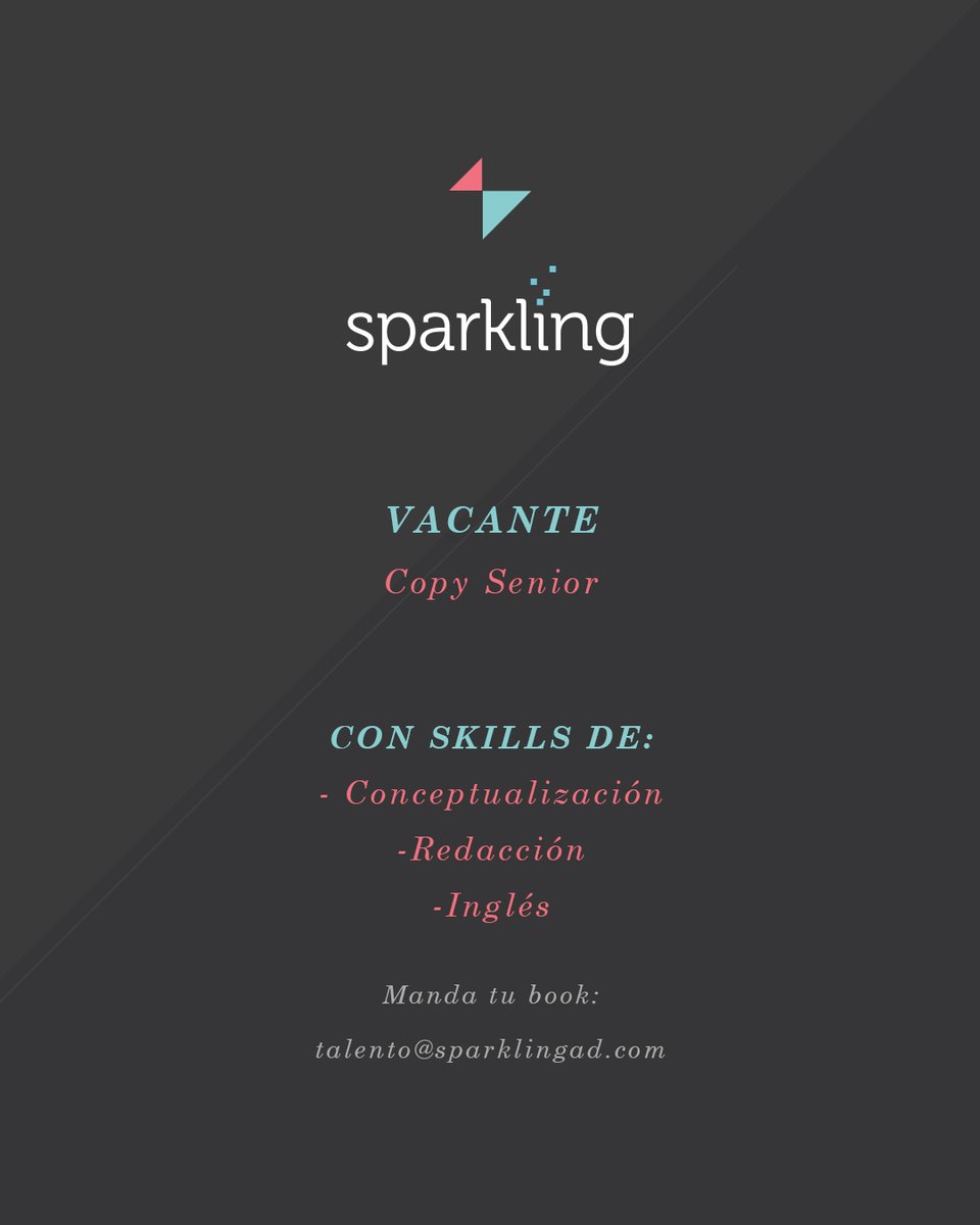 SparklingAd's tweet photo. ¿Lo tuyo es la redacción creativa? Te invitamos a mandar tu CV y book y formar parte de nuestro equipo. #Vacantes #AquíHayChamba #buscamostalento https://t.co/M8uOcxiIeG