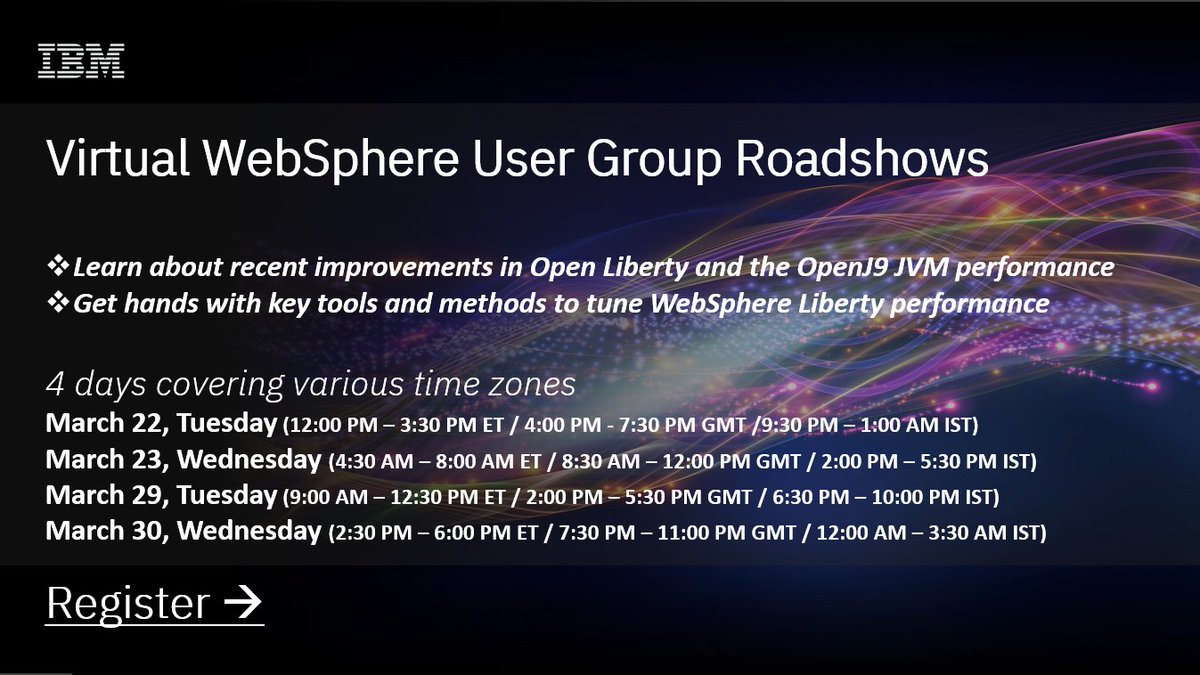 Want to learn about the latest #Java perf improvements in <a href="/OpenLibertyIO/">openlibertyio</a> &amp; <a href="/openj9/">Eclipse OpenJ9</a>? And try your hands at perf tuning Liberty? Sign up for virtual #WebSphere User Group events on Mar 22, 23, 29, 30: ibm.biz/WUGRoadshow-1Q…. Cover diff time zones!

@IBMCommunity <a href="/IBMMiddlewareUC/">IBM Middleware Community</a>