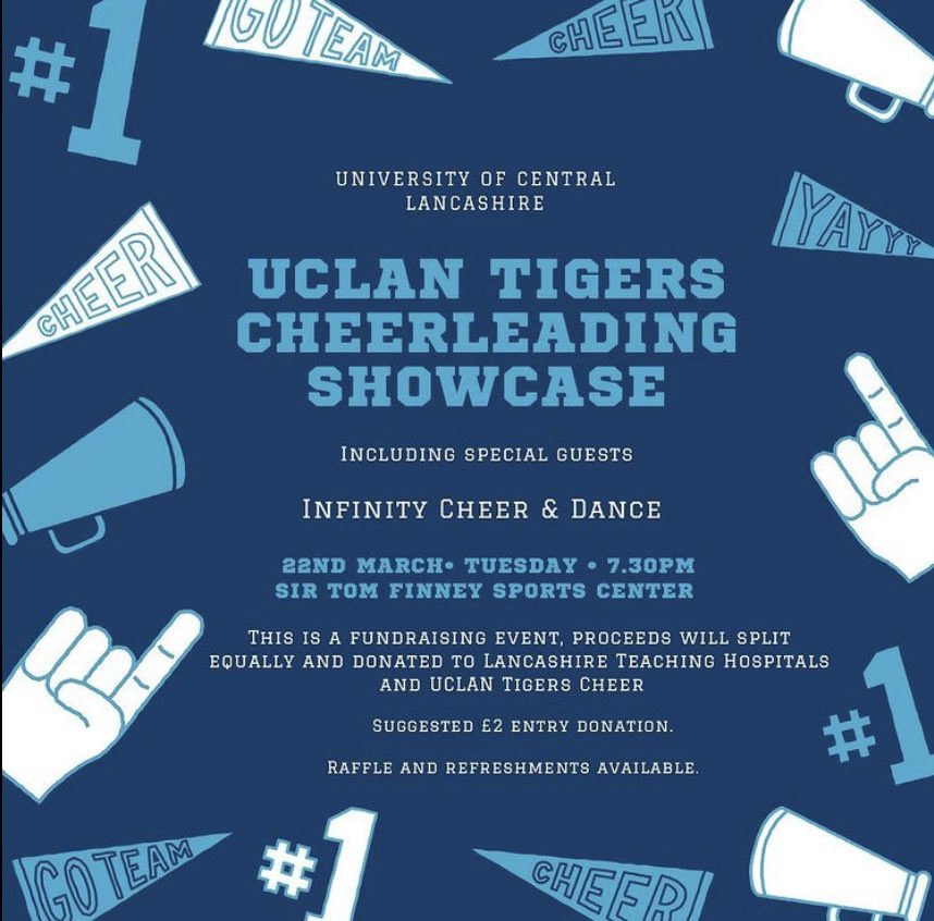 Our annual fundraising showcase event will be held @uclanstfsc on the 22nd March.

We will be showcasing all of our competition routines from this season as well having a performance from @infinity_cheeruk 

It is something that is not to be missed - we hope to see you there 🐯💙