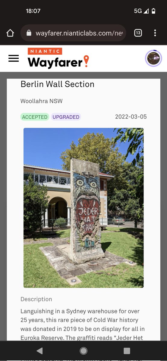 bhbuxton's tweet photo. A tiny hidden park in Sydney displays a section of the Berlin Wall - my favorite nomination so far! #nianticwayfarer #wayfarer @wayspotters https://t.co/wjWhU2DTvd