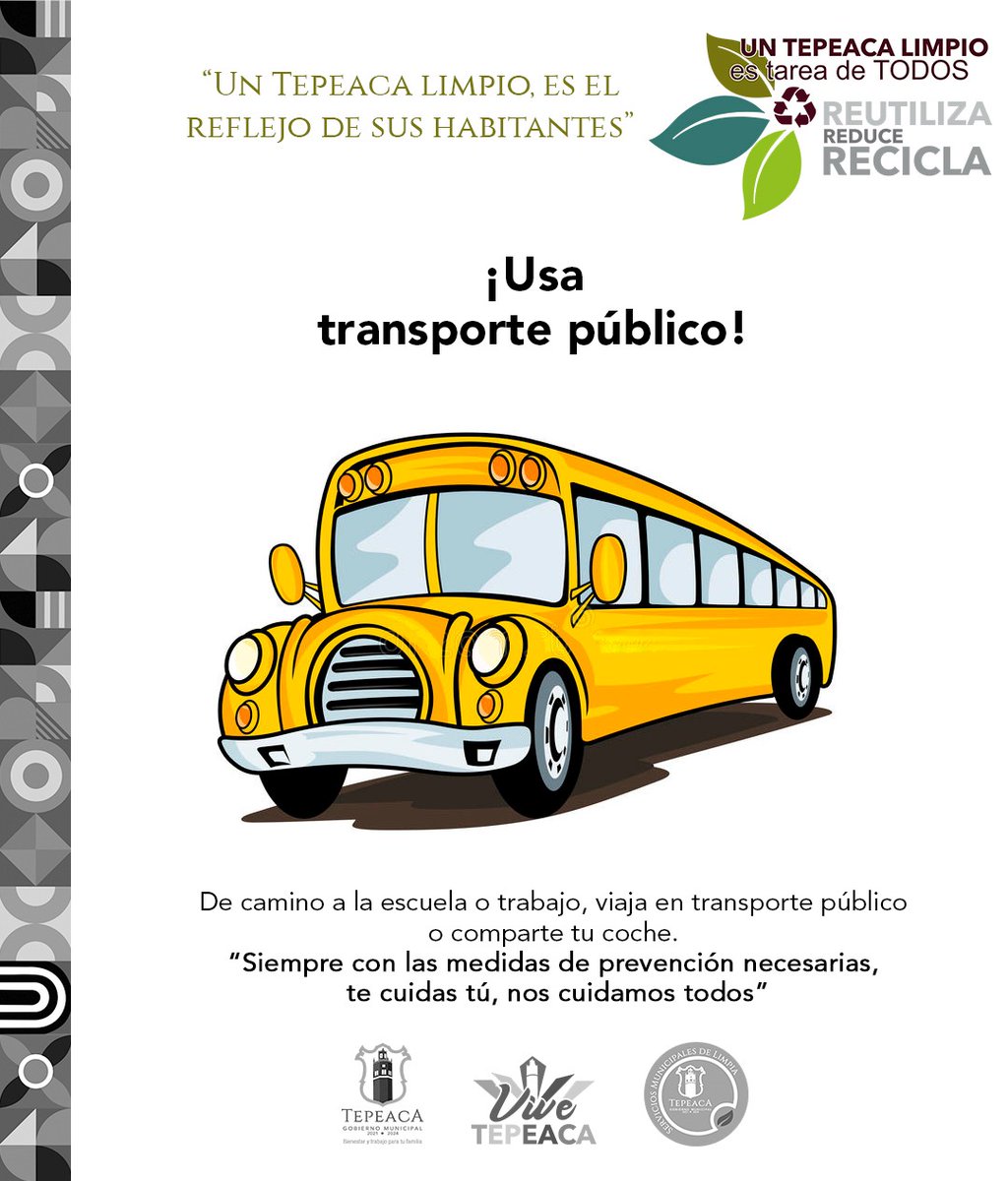 TepeacaAyto's tweet photo. #Informamos l En temas de salud y medio ambiente, te informamos e invitamos a utilizar el transporte público en el recorrido hacia tus actividades diarias, disminuyendo así el uso del combustible, beneficiando al medio ambiente y a tu economía. https://t.co/MN8zFiDjGn