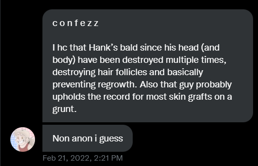 MadCombatConf2's tweet photo. Krinkels did state that Hank was completely hairless.
Confession 90. https://t.co/L5nTEV8mX1