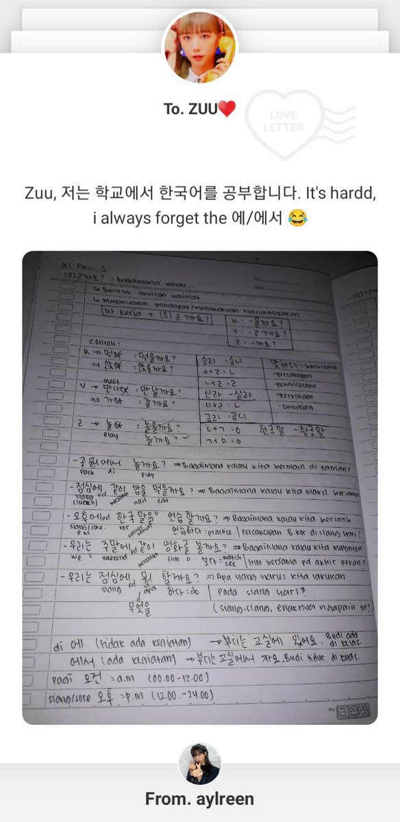 syeaeys's tweet photo. "Zuu, I study Korean at school. It's hard. I always forget the 에/에서"

*Jadi semangat belajar bakor 😆💖

#SECRET_NUMBER
@5ecretNumber https://t.co/BpPzpYclxc