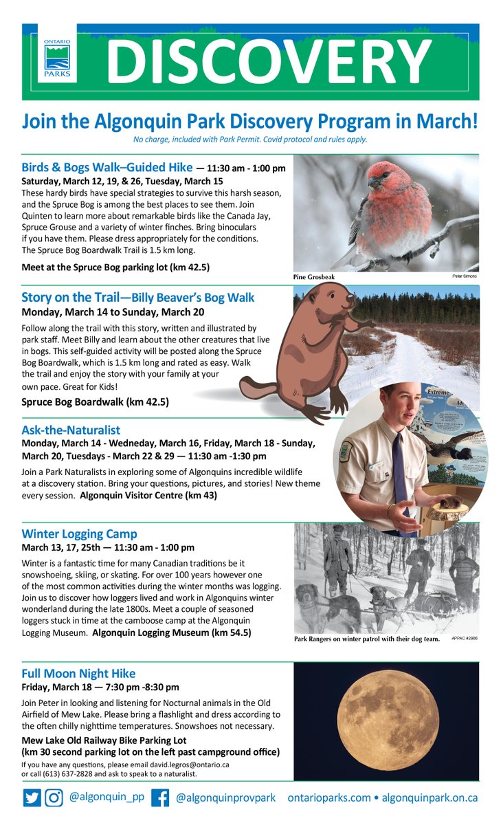 We have some fun things planned for March Break!
 
🐦 Guided Walks
📖 Story on the Trail 
❔  Ask-the-Naturalist 
🌲 Winter Logging Camp 
🌕 Full Moon Hike 

Check out the poster for more details. We hope to see you there!
