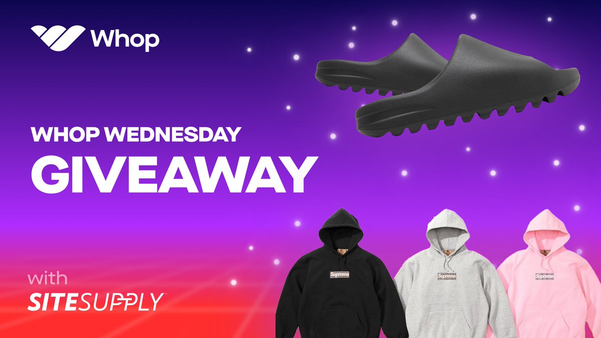 whop's tweet image. IT'S TIME TO WIN FREE STUFF! 🎁

1 x Supreme Burberry Box Logo Hoodie
1 x adidas Yeezy Slide 'Onyx'

To enter: 

- Like &amp;amp; RT
- Follow @WhopIO &amp;amp; @TheSiteSupply  
- Tag two friends

Giveaway ends in 24 hours 🍬