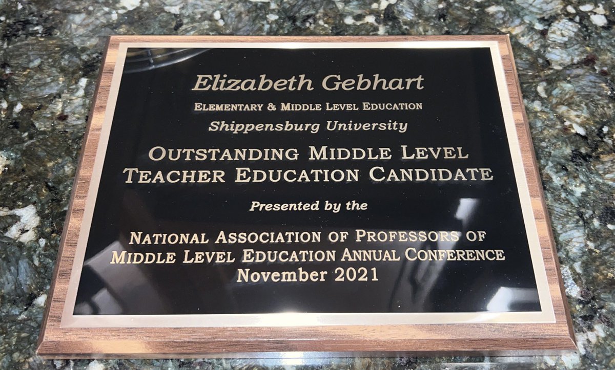 ElizabethGebha9's tweet image. So super honored to be named the outstanding middle level teacher education candidate from @AMLE thanks for preparing me @shippensburgU 

#teacher #CMLA #amle