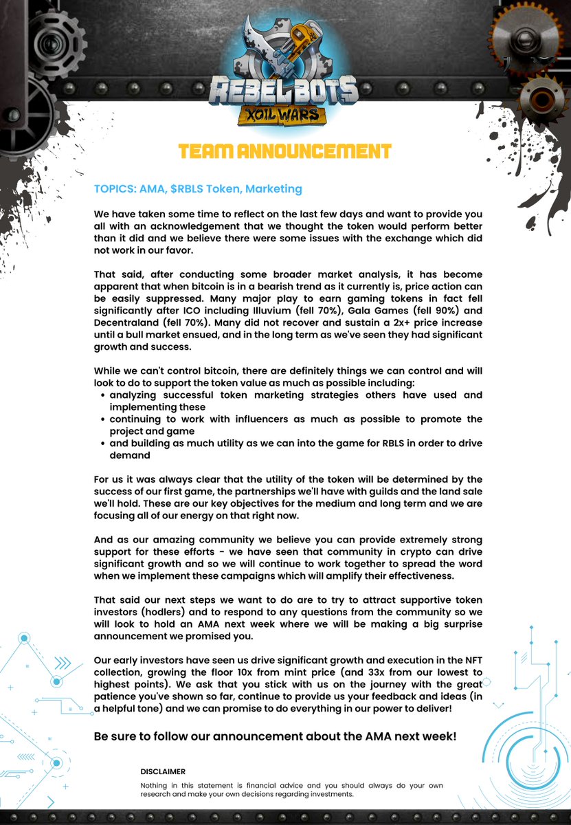 As our loyal community🙏 we always want to be transparent and open with you🙌

We'd like to share this 📣announcement from the team about $RBLS, marketing and an AMA.

“Teamwork is the fuel that allows common people to attain uncommon results.”🤝