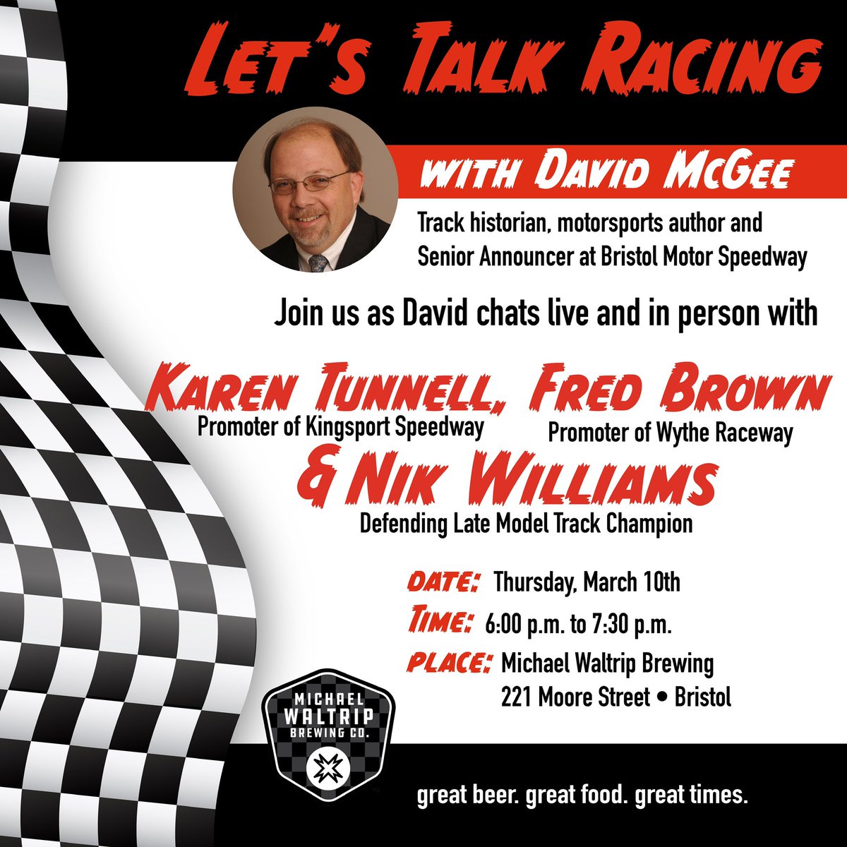 WaltripBrewing's tweet photo. Tomorrow night! Join us as @WytheRaceway promoter Fred Brown, @KpSpeedway’s @karentunnel and lm champ @nikwilliams1232 and @BRISTOLAnncr to preview the 2022 season. Show starts around 6 p.m. https://t.co/9FGgy5UwW0