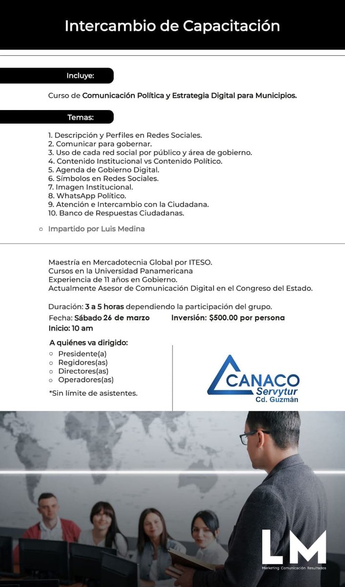 CanacoGuzman's tweet photo. #Curso Comunicación política y estrategia digital para municipios
#Capacítate
#CanacoGuzmán
Reservaciones al 341 41 20063 https://t.co/ntc4vaGMes