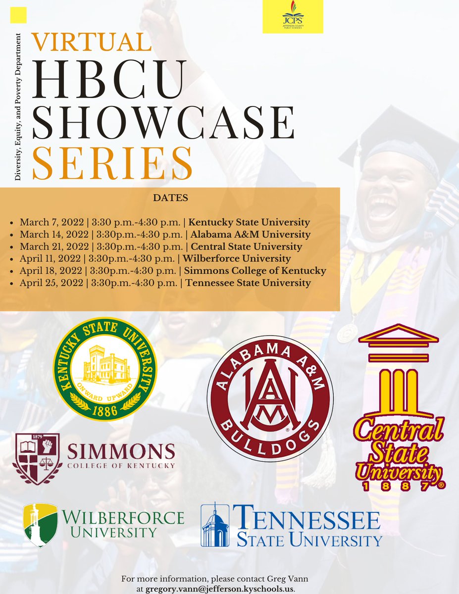 JCPSDEP1's tweet photo. This is a great opportunity for @jcpsky students to learn about HBCUs from across the country. Contact @GregVannDEP at gregory.vann@jefferson.kyschools.us for more info! https://t.co/dyopaky3J4