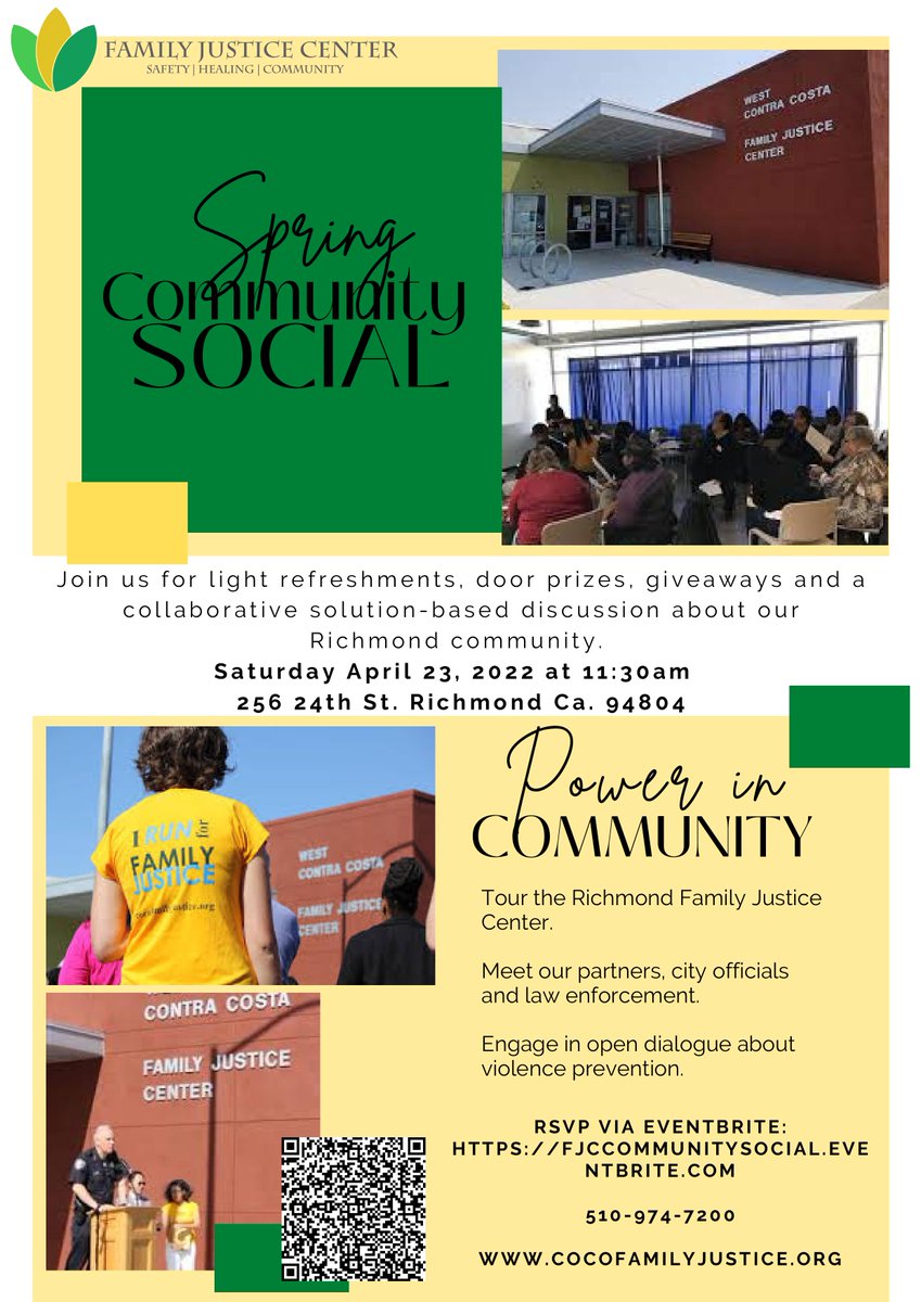 Spring into action with the Family Justice Center at our Spring Community Social! We are so excited to meet with you. For registration and more information please call 510-974-7200 or Info@cocofamilyjustice.org.