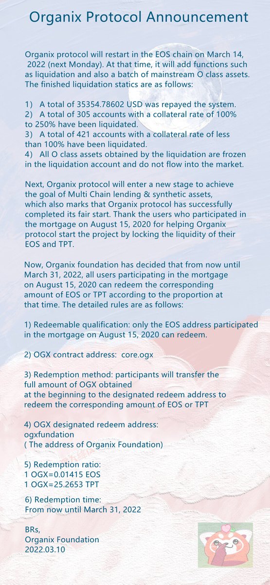 An important announcement for OGX, including restarting EOS, liquidation statics and redeem for who participated in the mortgage on Aug.15,2020. Enjoy 😘