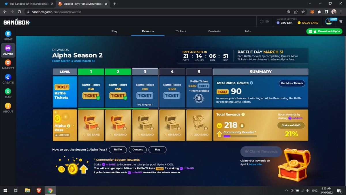 BoomTanetX's tweet photo. @TheSandboxGame I just participated in the daily #SandboxAlphaS2Contest for a chance to earn up to 1,000 $SAND! Starting March 9 -  Show your Raffle Tickets. Check out my screenshot below! 👇 #SandboxAlphaS2 https://t.co/YwrJx6gTNj