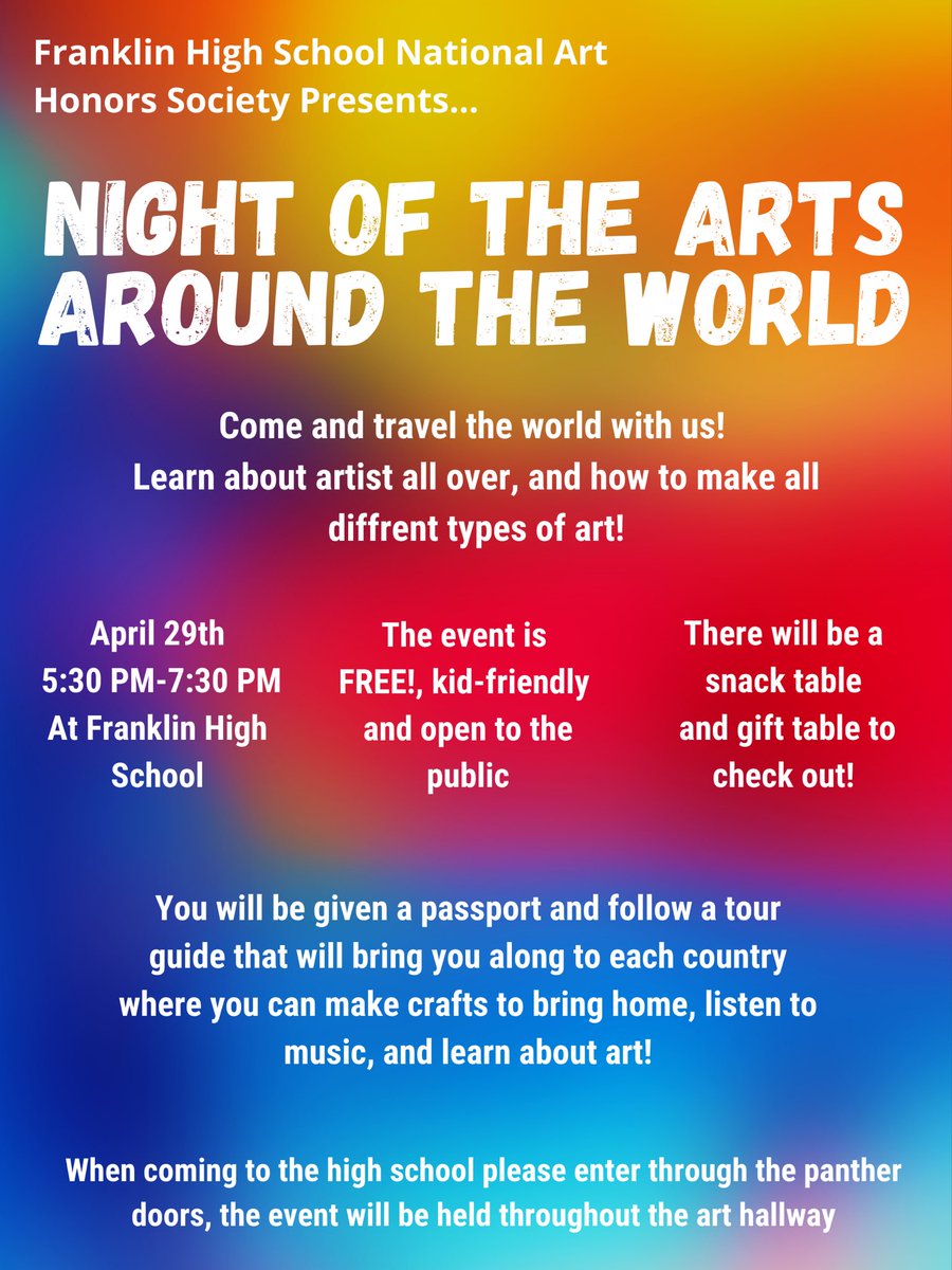 Hi we are happy to announce that we are having a FREE! Night of the arts kids event on April 29th from 5:30-7:30 we would love to see your there!!