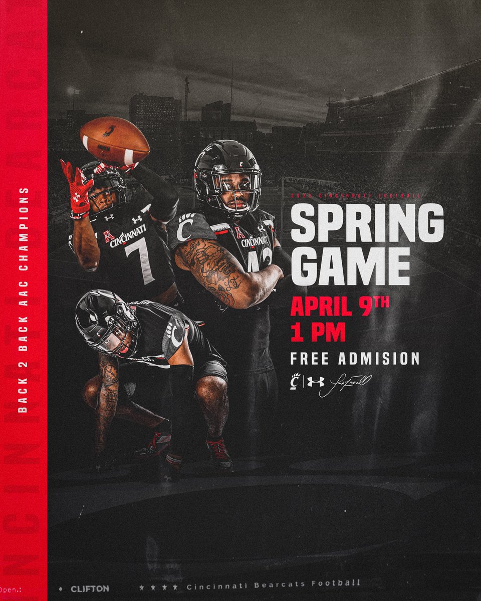 GoBearcatsFB's tweet photo. Ready to see the #Bearcats back in action⁉️

Join us for our spring game on April 9th at Nippert Stadium. Admission is free, and the event begins at 1PM. https://t.co/oINDY3DEHs