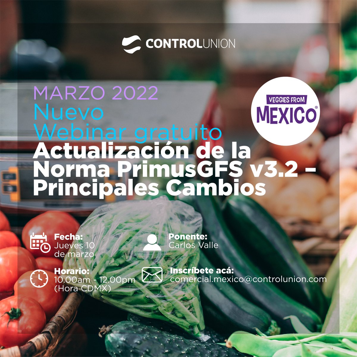 veggiesfrommex's tweet photo. ¡Es mañana! 🙌🏻 Sí deseas participar, comunícate a: 📩 comercial.mexico@controlunion.com para más información.
💻 Webinar: Actualización de la norma #PrimusGFS v3.2 - Principales cambios. https://t.co/T9CeEe40tE