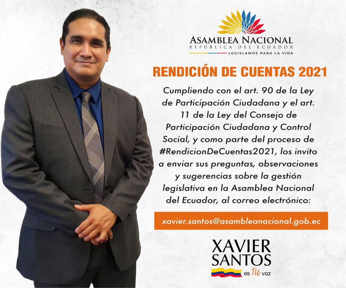 xaviersantos_ec's tweet photo. 🔴IMPORTANTE. A la ciudadanía en general, los invito a ser parte de mi proceso de rendición de cuentas, primero con sus comentarios, preguntas y sugerencias, y después con la participación en la audiencia pública. ¡Los Espero! 😉 #LaVozDeManabi #XavierEsTuVoz #LegislaConXavier https://t.co/0l5EyAOqBR