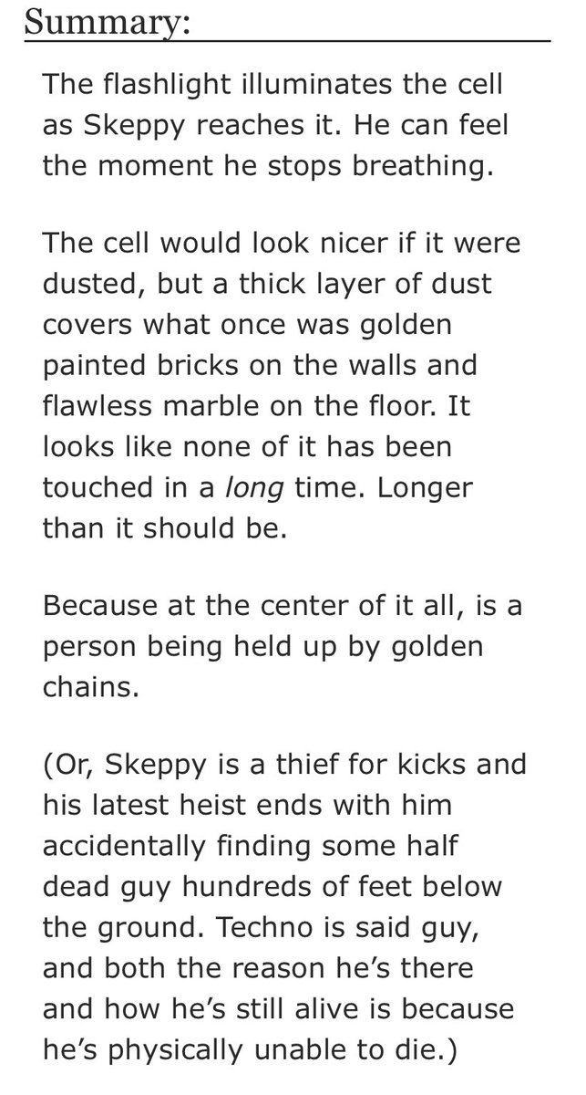 SpiralSpectre's tweet photo. Hello #orphantwt, Techno, and/or Skeppy enjoyers, I have a new fic for y’all! The first chapter of a fic about healing called An Immortal’s Tomb is up! Enjoy :]! Be sure to mind the tags!

Retweets Appreciated and the link is below! https://t.co/J1NWr7hUu5