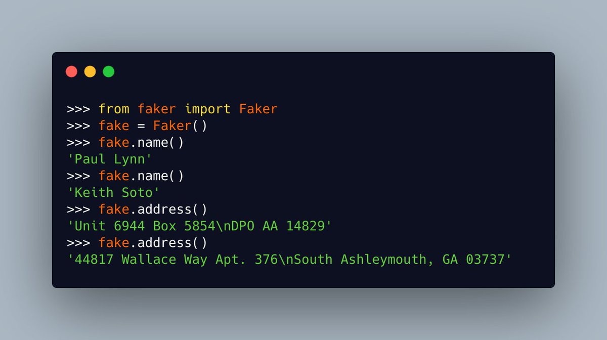 driscollis's tweet photo. Do you ever need fake data for tests in #Python?

You should try the Faker package out then! It can generate all kinds of fake data! 🐍🔥 https://t.co/Oc6KesjVXg