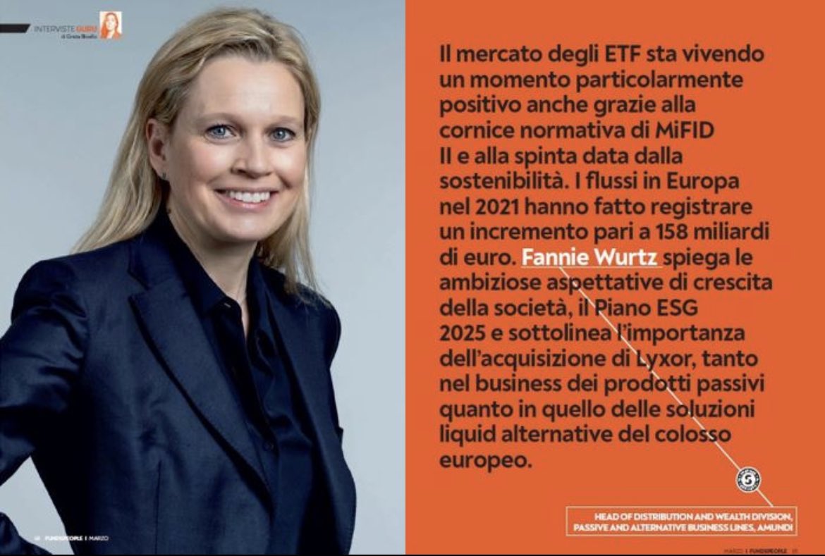pastore_debora's tweet photo. 🗞 [#Intervista]
A tu per tu con Fannie Wurtz nell’intervista di @GretaBisello per @FundsPeople_it. Focus sulle ambizioni di @Amundi_ENG in materia di #ETF e #liquidalternative, senza trascurare l’impegno #ESG . Scopri di più ⤵️.
https://t.co/ikisvL93L1 https://t.co/fY90US6UnF