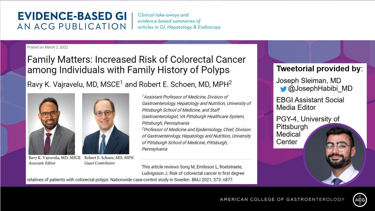 AmCollegeGastro's tweet photo. 1/Welcome to #EBGI’s first-ever Tweetorial🧵!

Check out our summary  
“Family Matters: Increased Risk of Colorectal Cancer among Individuals with Family History of Polyps"

📜Summary:https://t.co/5uzbQyZN5k
🎧https://t.co/pjEN1iN1wj
Study in @bmj_latest: https://t.co/Yjf1FwKlTV https://t.co/CGBQU1SJAh