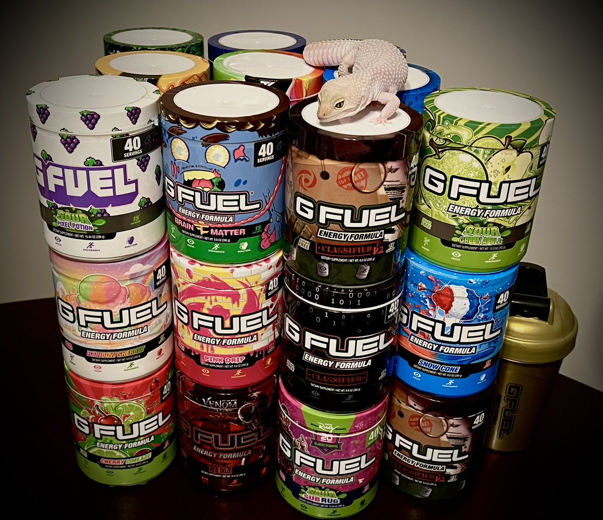 DoinksFried's tweet photo. We really love GFUEL over here. All of these are empty😨but Indy picked Classified v2 as her #1 and I agree 😅
@GFuelEnergy 
@GammaLabs 
#GFUEL 
#FanFUELED
#Classifiedv2
#GFUELenergy https://t.co/NDgWM62WP9