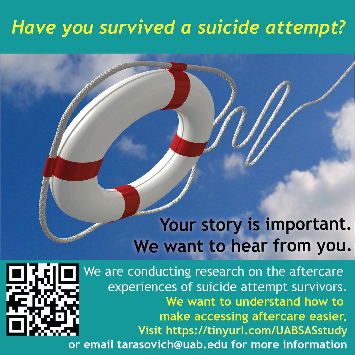 CherylSuzette's tweet photo. If you are a suicide attempt survivor, we need your help.  Please consider participating in the study below.  And if you are struggling please call 1-800-273-Talk or Text 741741.  @asparcAL https://t.co/hvTWmKnsQf